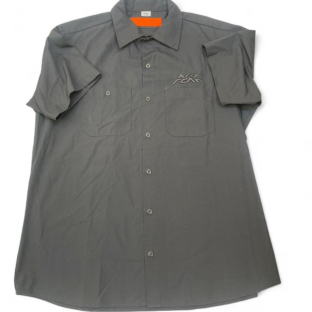 Grey button down shirt with no fear on the front